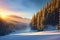 Beautiful frozen winter landscape with blizzard fog at sunset, AI generated