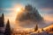 Beautiful frozen winter landscape with blizzard fog at sunset, AI generated