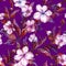 Beautiful fruit tree twigs in bloom on bright purple background. Big flowers on plum tree branch. Spring seamless floral pattern.