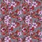 Beautiful fruit tree twigs in bloom on gray background. Lilac flowers and red leaves. Spring blossom. Seamless floral pattern.