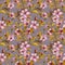 Beautiful fruit tree twigs in bloom on gray background. Pink flowers and yellow leaves. Seamless springtime floral pattern.