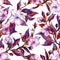 Beautiful fruit tree twigs in bloom on white background. Pink flowers and red and purple leaves. Spring seamless floral pattern.