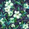 Beautiful fruit tree twigs in bloom. White and green flowers on dark gray background. Seamless spring floral pattern.