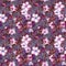 Beautiful fruit tree twigs in bloom. White and pink flowers on gray background. Springtime. Seamless floral pattern.