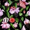 Beautiful fuchsia flowers on climbing twigs on black background. Seamless floral pattern. Watercolor painting.