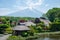 Beautiful Fuji mountain with cloud and blue sky  in the summer at Oshino Hakkai the old Japanese village in Japan