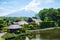 Beautiful Fuji mountain with cloud and blue sky  in the summer at Oshino Hakkai the old Japanese village in Japan