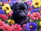 Beautiful funny black pug puppy in the middle of lots of colorful flowers