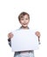 Beautiful funny blond boy wearing a blue shirt holding small blank banner