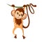 Beautiful funny cartoon monkey, hung on a tree branch.