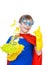 Beautiful funny child dressed as superhero cleaning