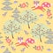 Beautiful funny foxes frolic in the autumn forest among trees and roses isolated on yellow background in the vector