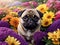 Beautiful and funny white pug puppy in the middle of lots of colorful flowers