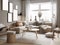 Beautiful furnished scandinavian living room interior with morning light. Generative AI