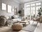 Beautiful furnished scandinavian living room interior with morning light. Generative AI