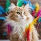 Beautiful furry cat with colorful feathers, interior with soft light