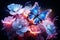 Beautiful Fusion of Glowing Floral Flowers and Blue Butterfly on Dark Background