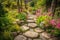 beautiful garden with stone pathways and stepping stones surrounded by flowers