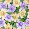 Beautiful gardenia flowers with leaves in seamless floral pattern. Pastel colored botanical background. Watercolor painting.