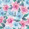 Beautiful gardenia flowers with leaves in seamless floral pattern. Pastel colored botanical background. Watercolor painting.