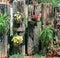 Beautiful gardening pots on wooden towers at munnar hill station
