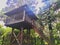 A beautiful gazebo tucked into the corner of a backyard, deck made of wood