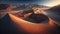 Beautiful Generative AI illustration epic landscape of expansive desert with rolling sand dunes during golden hour sunrise