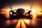 Beautiful generic and unbranded modern sport car in the sunset, front view, generative ai illustration