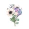 Beautiful gentle bouquet with watercolor violet hydrangea flowers and white anemones with lavander. Stock illustration
