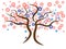 Beautiful gentle orange tree. Brown branches with blue, violet, orange and pink flowers