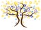 Beautiful gentle yellow tree. Brown branches with yellow,blue and violet flowers.