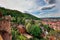 Beautiful Germany. Aerial view over Heidelberg town in Spring. City center with tiled roofs, river Neckar and hills with