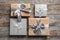 Beautiful gift boxes on wooden background,