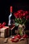 Beautiful gift roses and wine for Valentine& x27;s Day. Generative AI,