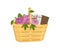 Beautiful gift wicker basket with flowers, gifts and chocolate.