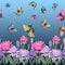 Beautiful ginger flowers and flying butterflies on blue background. Seamless floral pattern, border