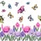 Beautiful ginger flowers and flying butterflies on white background. Seamless floral pattern, border