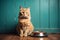 Beautiful ginger striped cat sitting by a bowl of dry kibble pet food by a blue wall
