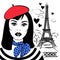 Beautiful girl in beret with symbol France-Eiffel tower.