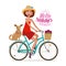 Beautiful girl on bike. Perfect getaway, vacation, journey icon. Cartoon vector illustration