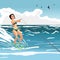Beautiful girl in bikini on water ski. Young woman on summer vac