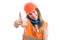 Beautiful girl builder rising thumb up