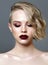 Beautiful girl with the closed eyes, fashion make-up, burgundy wet lips, short hairstyle