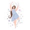 Beautiful girl dancing in flowers with prosthetic arm and leg. Modern flat illustration of a strong self sufficient woman. Self