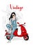 Beautiful girl in a denim jumpsuit sits on a vintage moped. Vector illustration for postcard or poster, print for clothes. Fashion