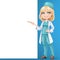 Beautiful girl doctor in surgeon costume showing pencil on a big white banner stand on the blue background