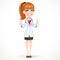 Beautiful girl doctor in a white medical coat shows gesture thumbs up