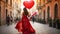 Beautiful girl in a fluffy dress, balloon heart, walks around the city romantic pretty
