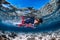 Beautiful girl freediver swim over sandy sea bottom with United States flag