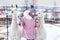 A beautiful girl in a fur coat stands with an alpaca in a snowy forest